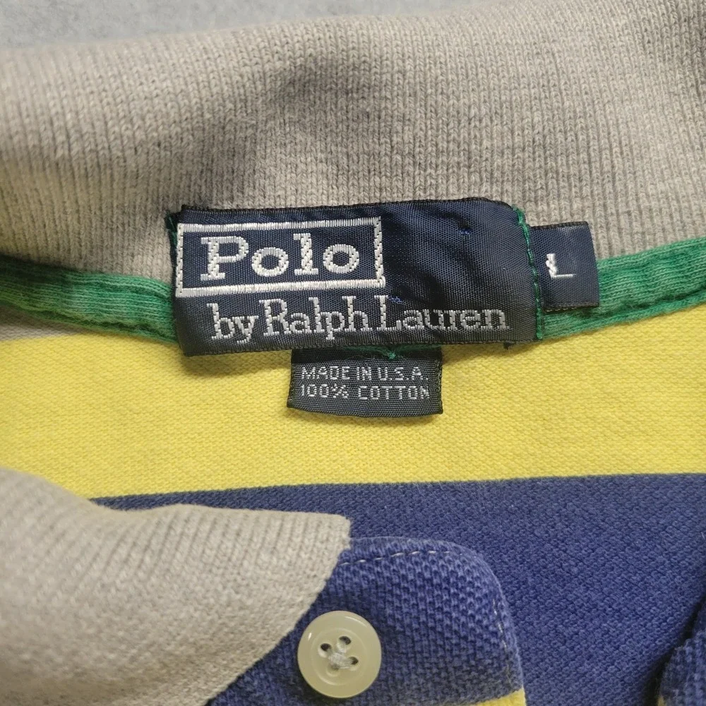 Polo Ralph Lauren Mens Large Striped Polo Shirt Blue Yellow Grey Made in USA L